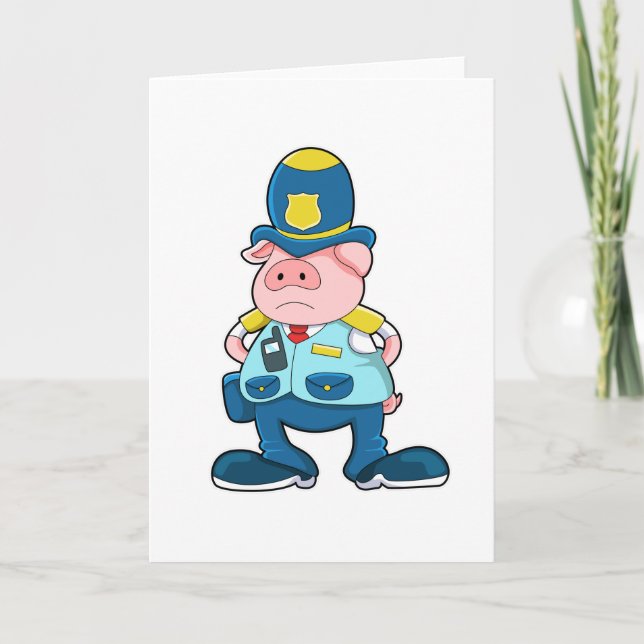 Carte Cochon en policier avec uniforme et chapeau de pol (Devant)