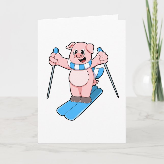 Carte Cochon en skieur avec écharpe de ski et bâtons de  (Devant)