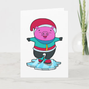 Carte Cochon faisant du patin à glace avec des patins à 