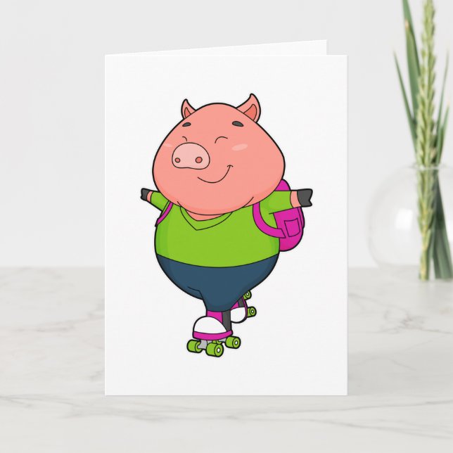Carte Cochon faisant du roller en ligne avec des patins  (Devant)