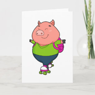 Carte Cochon faisant du roller en ligne avec des patins 