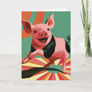 Carte Cochon Heureux Art Coloré Rétro Éclat de Soleil