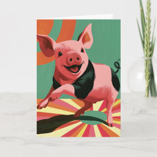 Carte Cochon Heureux Art Coloré Rétro Éclat de Soleil