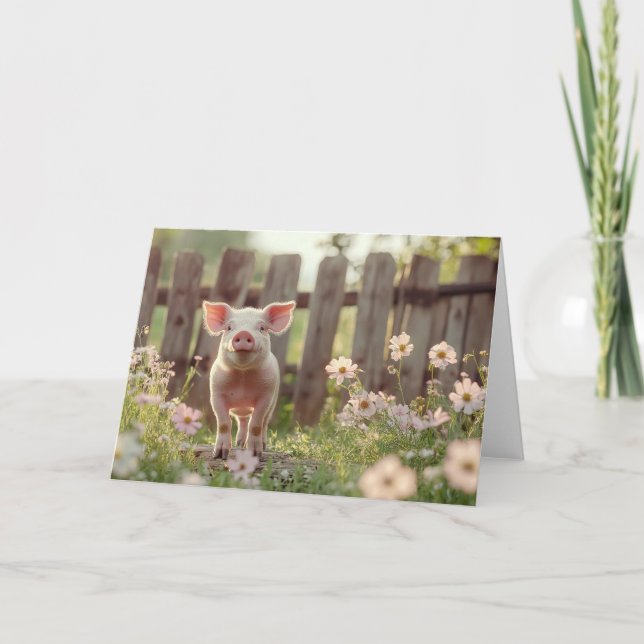 Carte Cochon mignon dans le jardin fleuri (Devant)