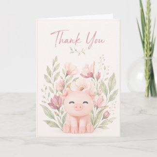 Carte Cochon mignon parmi les fleurs merci