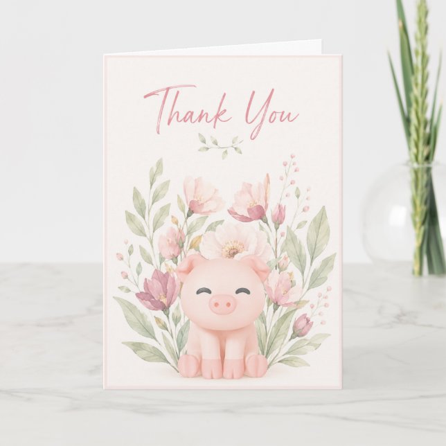 Carte Cochon mignon parmi les fleurs merci (Devant)