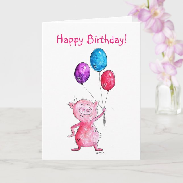 Carte Cochon Rose Fantaisiste avec Ballons (Orchidée)