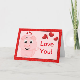 Carte Cochon rose mignon et Coeurs Je t'aime