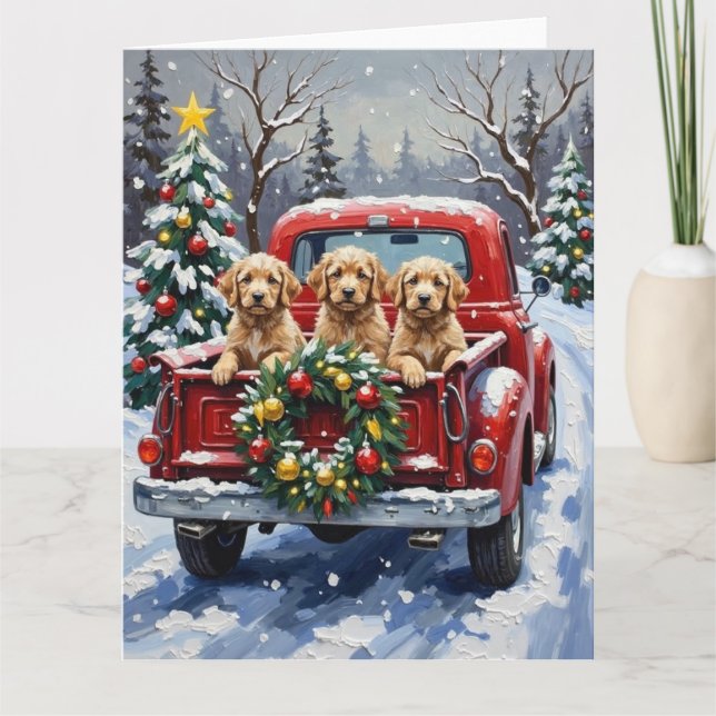 Carte Cockapoo camion rouge de Noël vacances (Devant)