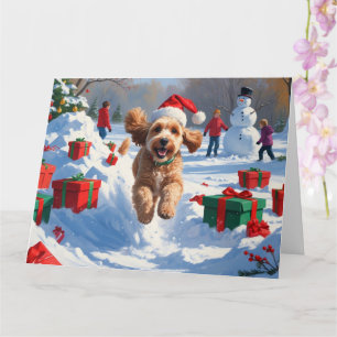 Carte Cockapoo courant dans la neige avec un chapeau de 