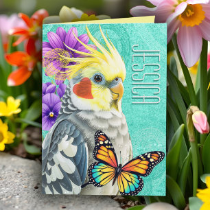 Carte Cockatiel Whimsical Vibrant Spring Flower Collant