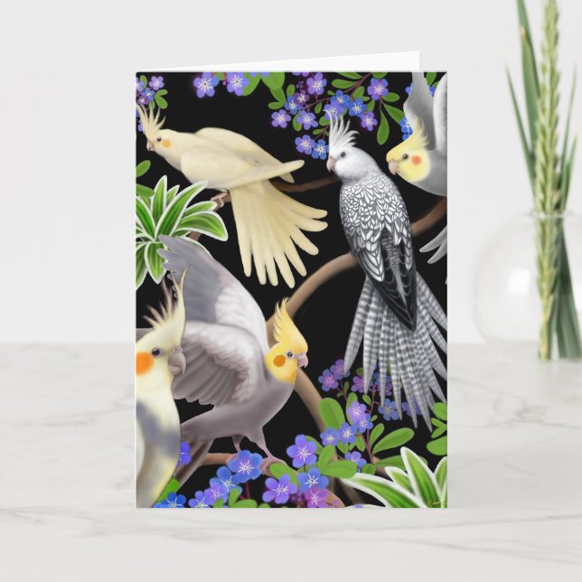 Carte Cockatiels et Fleurs (Devant)