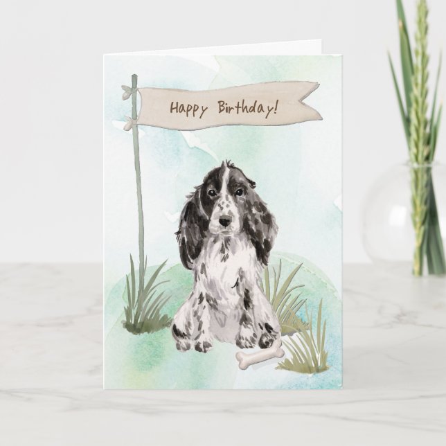 Carte Cocker noir et blanc Chien espagnol à l'anniversai (Devant)