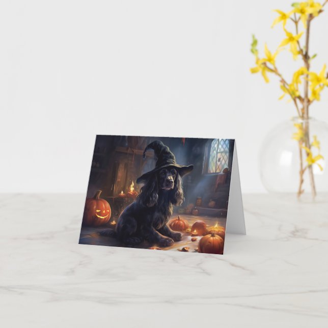 Carte Cocker Spaniel Citrouilles Halloween effrayant (Fleur jaune)