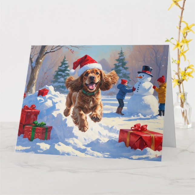 Carte Cocker Spaniel coule dans la neige avec le Casquet (Fleur jaune)