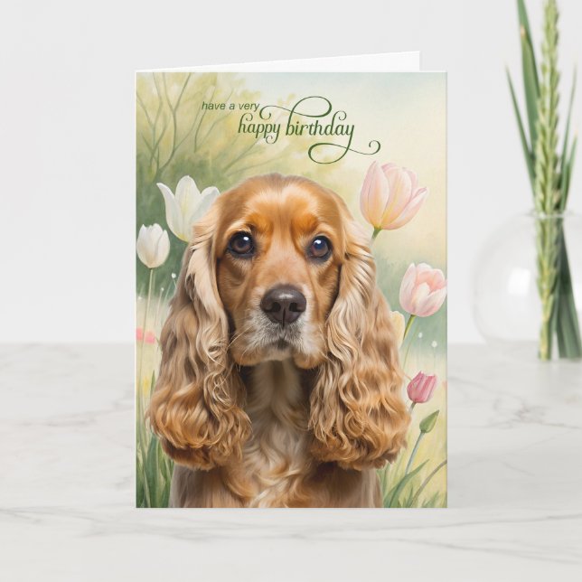 Carte Cocker Spaniel Dog in a Tulip Garden Birthday (Devant)