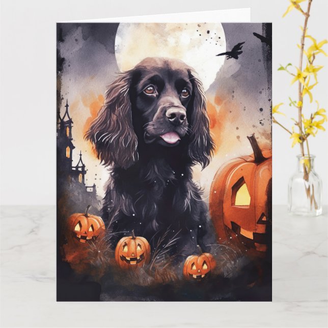 Carte Cocker Spaniel Halloween avec citrouilles  (Fleur jaune)