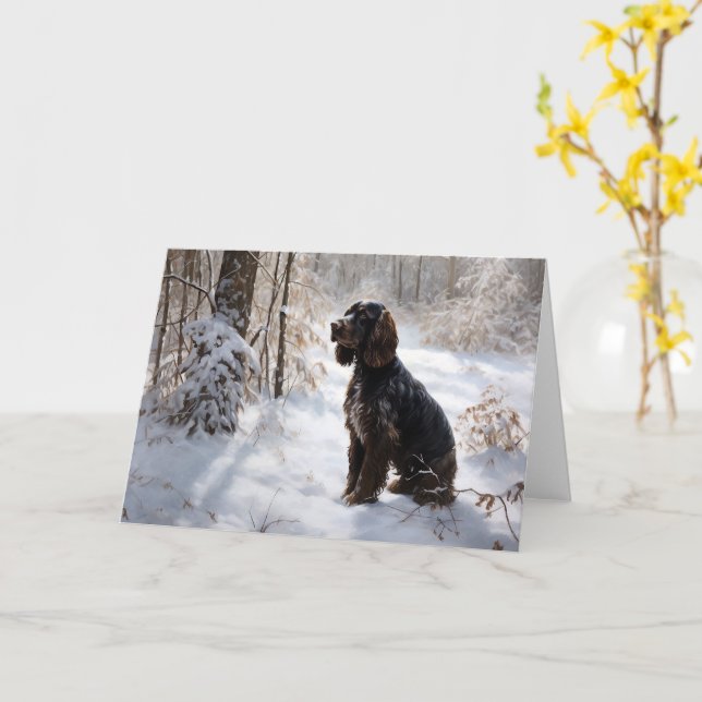 Carte Cocker Spaniel Laisser Neige Noël (Fleur jaune)
