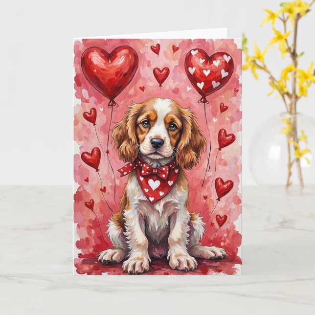 Carte Cocker Spaniel Valentine’s Day Dog with Hearts Red (Fleur jaune)
