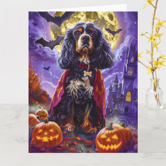 Carte Cocker Spaniel Vampire Citrouilles Halloween Épouv (Fleur jaune)