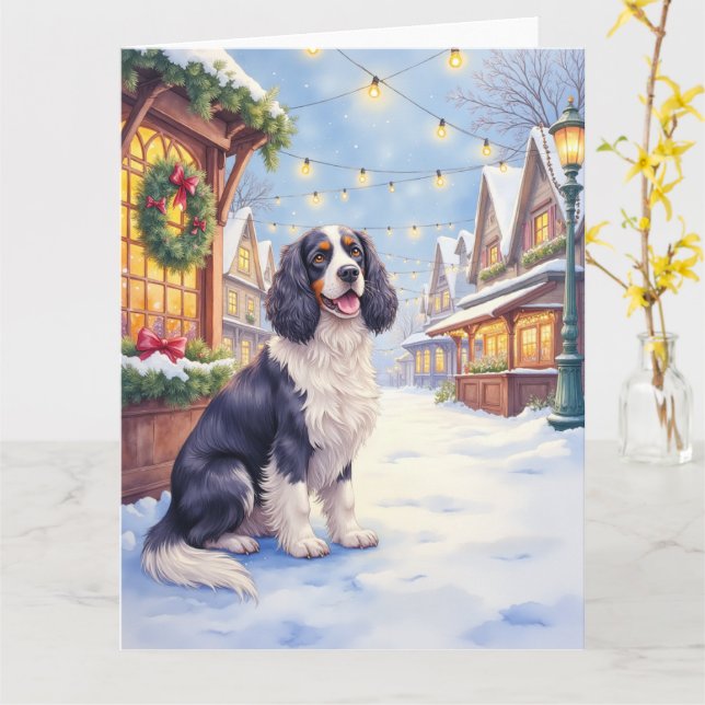 Carte Cocker Spaniel Village enneigé Art de Noël (Fleur jaune)