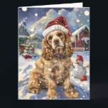 Carte Cocker Spaniel Winter Wonderland Noël Joie<br><div class="desc">Ce design festif reflète l'esprit joyeux de la période des fêtes, avec un adorable petit portant un chapeau de Père Noël. Le chien est niché dans un pays des merveilles hivernales, avec un bonhomme de neige, un sapin de Noël décoré et des cadeaux joliment emballés. Les flocons de neige tombent...</div>