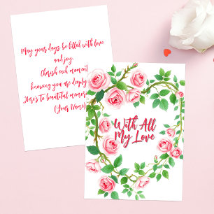 Carte Cœur de Roses Roses Élegantes Avec Tout Mon Amour