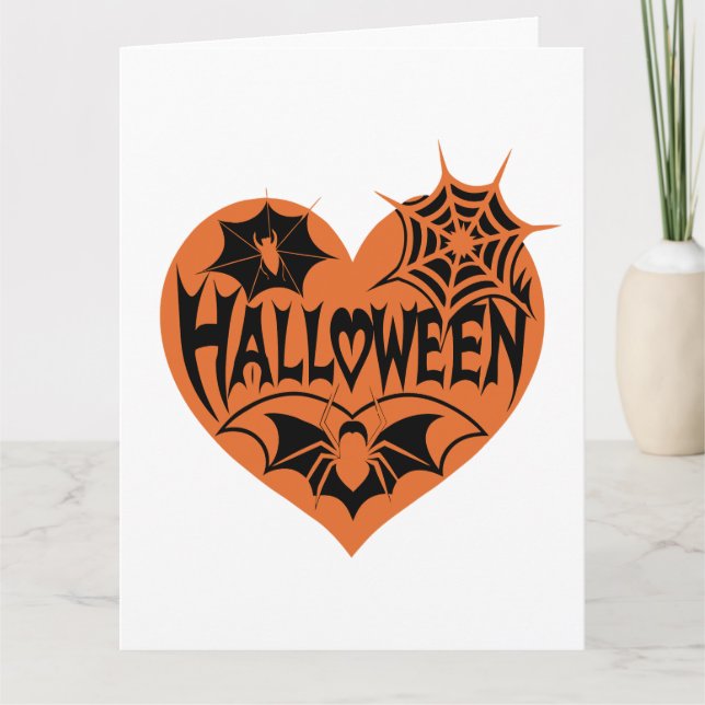 Carte Coeur d'Halloween, Forme de coeur orange, Web arai (Devant)