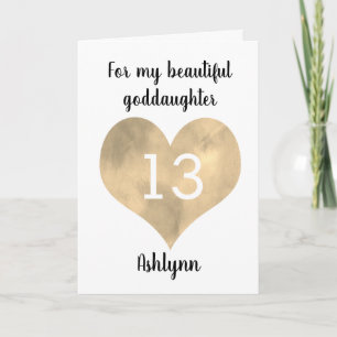 Carte Cœur en or aquarelle 13e anniversaire filleule