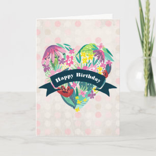 Carte Coeur floral mignon en rose et vert Anniversaire