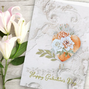 Carte Cœur floral rose avec texture de plâtre baroque