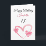Carte Coeur peint rose pâle 13e anniversaire<br><div class="desc">Cute rose rayé Coeur peint 13e anniversaire, un design d'anniversaire mignon fait pour toute petite-fille. Si vous cherchez de jolies cartes d'anniversaire de petite-fille, des cartes d'anniversaire d'adolescent ou des cartes d'anniversaire de treizième, celle-ci est pour vous. Le design comporte quelques coeurs d'aquarelle mignonnes, quelque chose d'attrayant et beau, alors...</div>