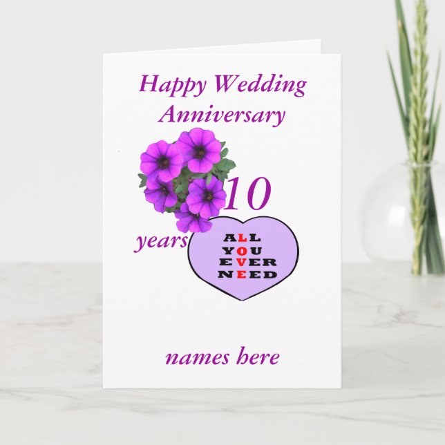 Carte Cœur pourpre et fleurs Anniversaire ajouter des no (Devant)