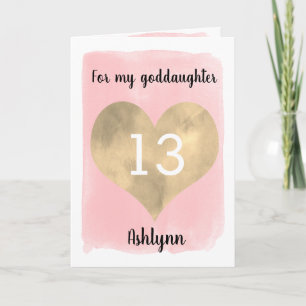 Carte Cœur rose et or 13e anniversaire filleule