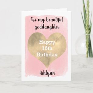 Carte Cœur rose et or 16e anniversaire filleule