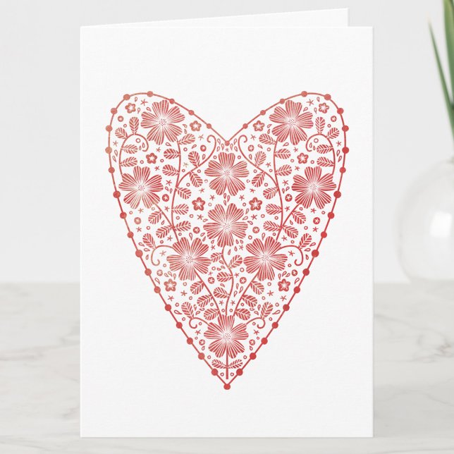 Carte Coeur Scandinave Rouge Blanc Valentines (Scandinavian folk floral red and white heart personalized Valentine's card)