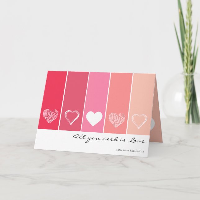 Carte Coeurs blancs modernes rayures rouges et roses Val (Devant)