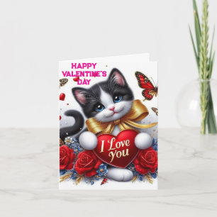Carte Cœurs d'amour Chat mignon et Roses Saint-Valentin