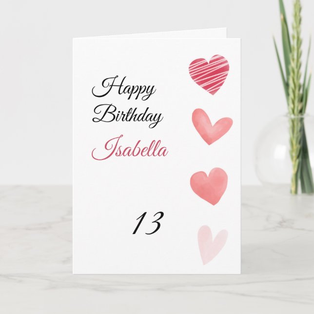 Carte Coeurs d'aquarelle rose et rouge 13e anniversaire (Devant)