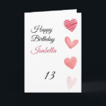 Carte Coeurs d'aquarelle rose et rouge 13e anniversaire<br><div class="desc">Aquarelle rose et rouge Coeurs 13e anniversaire, un design d'anniversaire mignon fait pour toute petite-fille. Si vous cherchez de jolies cartes d'anniversaire de petite-fille, des cartes d'anniversaire d'adolescent ou des cartes d'anniversaire de treizième, celle-ci est pour vous. Le design comporte quelques coeurs d'aquarelle mignonnes, quelque chose d'attrayant et beau, alors...</div>