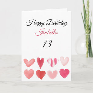 Carte Coeurs d'aquarelle rose pâle 13e anniversaire