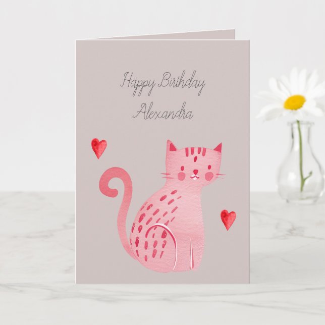 Carte Coeurs de chat rose gris Anniversaire (Petite plante)