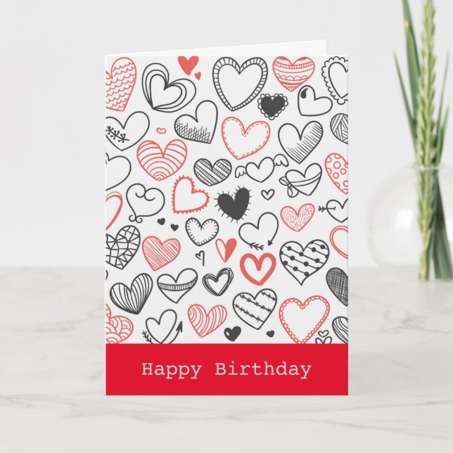 Carte Coeurs de doodle d'anniversaire rouge et noir hips (Devant)