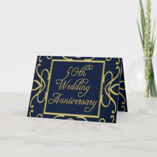Carte Cœurs Dorés Sur Fond Bleu 50e Anniversaire De Mari