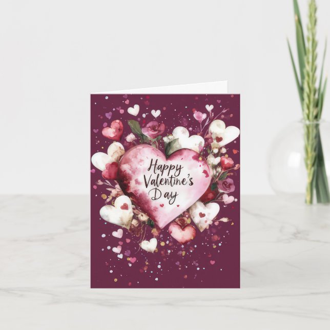 Carte Coeurs et fleurs roses Salutation de Saint Valenti (Devant)