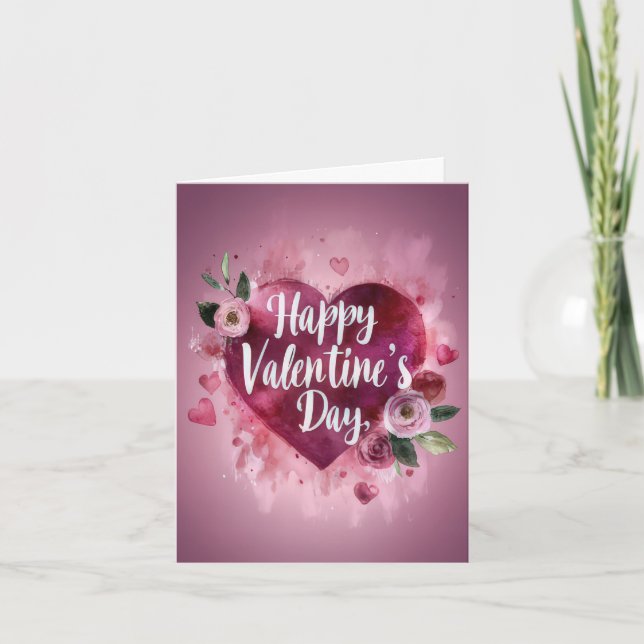 Carte Coeurs et fleurs roses Salutation de Saint Valenti (Devant)