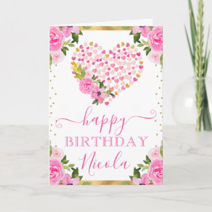 Carte Cœurs Fleurs Anniversaire Aquarelle Rose Or