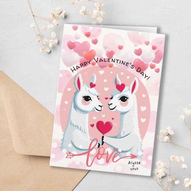 Carte Coeurs roses doux Llama Couple Saint Valentin (Sweet Pink Hearts Llama Couple Valentine's Day Card)