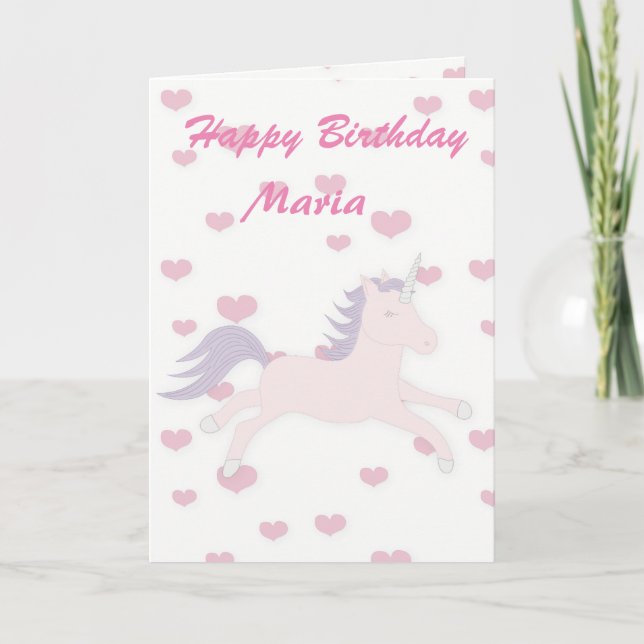Carte Coeurs roses et licorne. (Devant)