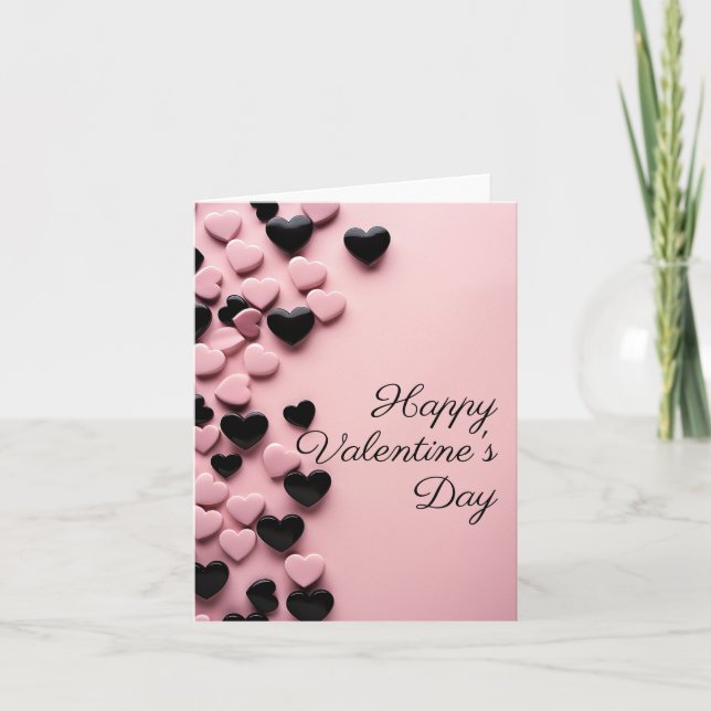 Carte Coeurs roses et noirs sur sol rose Saint Valentin (Devant)